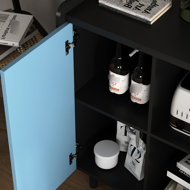 Buffet de salle à manger moderne en noir et bleu, 2 tiroirs et armoire de rangement ouverte pour la cuisine avec portes et compartiments bleus
