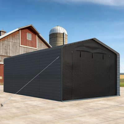 Abri de voiture en métal robuste de 12 x 20 pi, garage extérieur avec panneaux latéraux en métal, abris de voiture fermés avec cadre en acier robuste et toit galvanisé, comprend une housse imperméable en PE avec portes avant et arrière pour voitures, bateaux, rangement pour équipement, outils, gris
