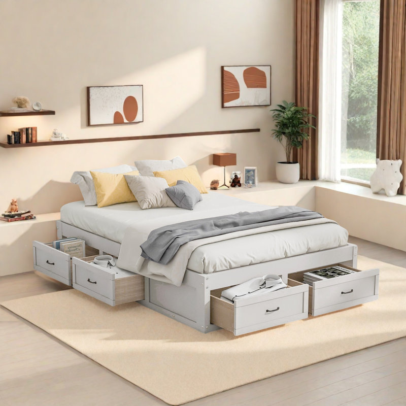 6 Drawers Storage Platform Bed, Antique White, Queen