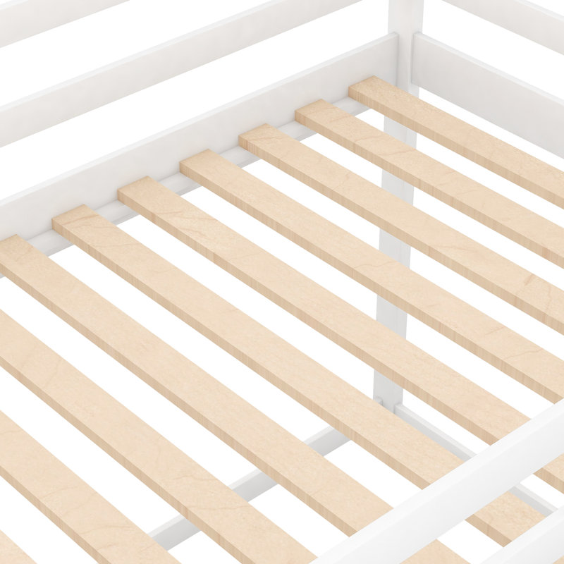 Lit simple superposé simple en blanc, en forme de maison avec - détail de maison basse robuste et pratique, blanc pour une montée facile