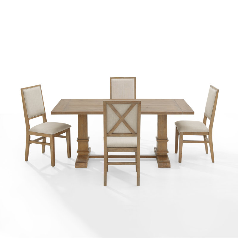 Heymann Trestle Dining Table with Upholstered and Wood Chairs, 5 Pieces: Table, 4 Chairs, Rustic Brown