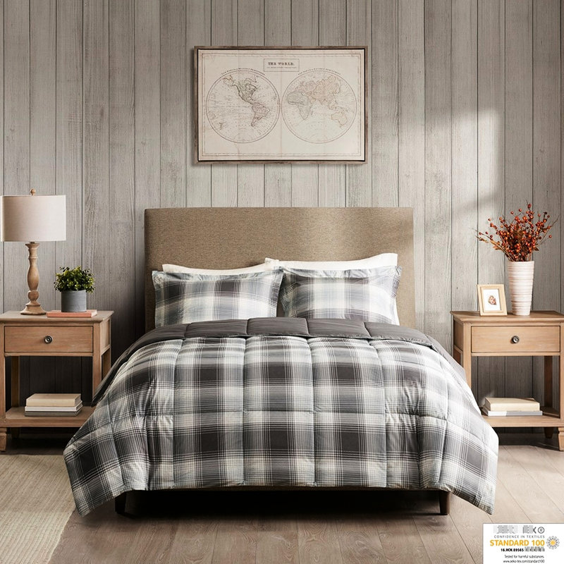 Édredon double / grand - motif quadrillé gris toutes saisons avec deux taies décoratives assorties