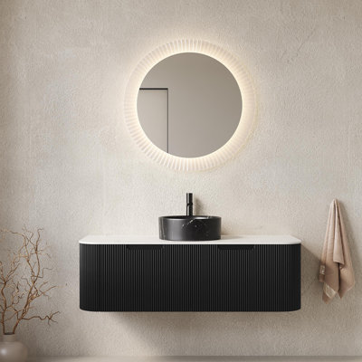 Meuble-lavabo de salle de bain avec plateau en pierre frittée blanche de Carrare