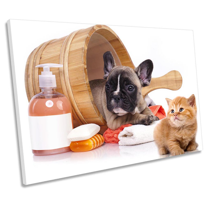 French Bulldog Bathroom - Wrapped Canvas Print, 30.5cm H x 45.7cm W
