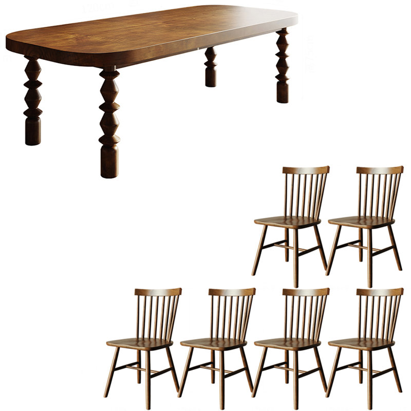 American style retro solid wood dining table set, 29.5"H x 70.8"L x 31.4"W