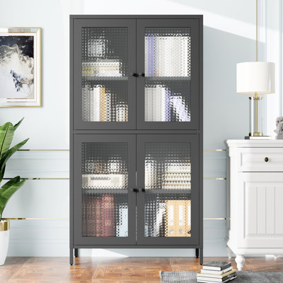 Metal Cabinet With Waffle-Grids Tempered Glass For Living Room - Black 4-Shelves Side Material Bedroom