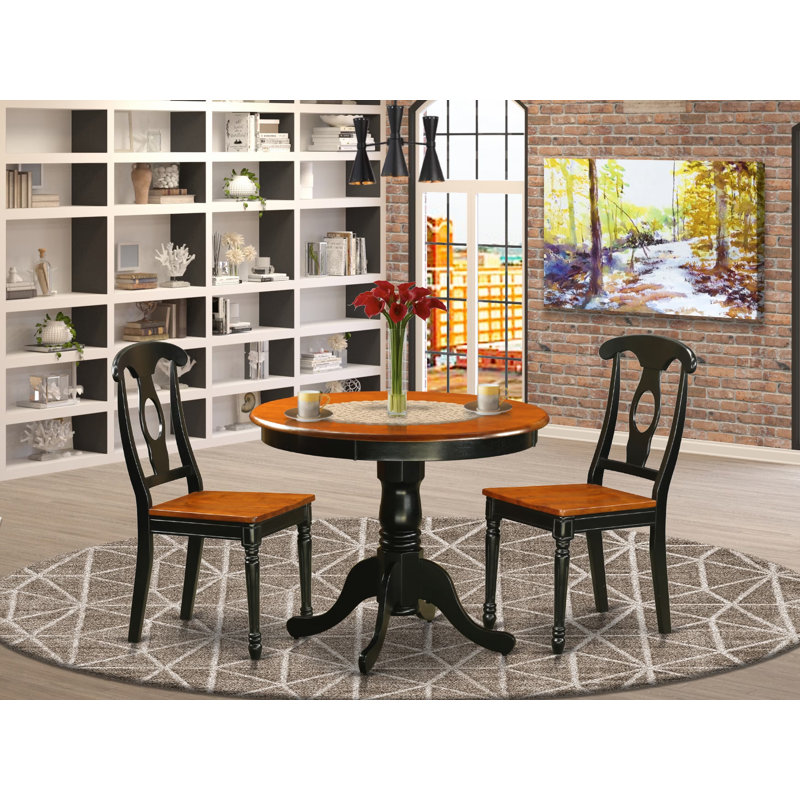 Ensemble de table de salle à manger 3 pièces pour petits espaces comprenant une table de cuisine ronde avec piédestal et 2 chaises, noir et cerise