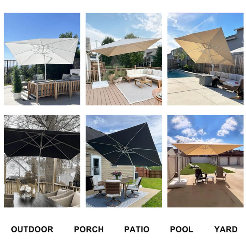Rossanna White Pole 9' x 11' Rectangular Economical Large Cantilever Umbrella with White Base, Beige