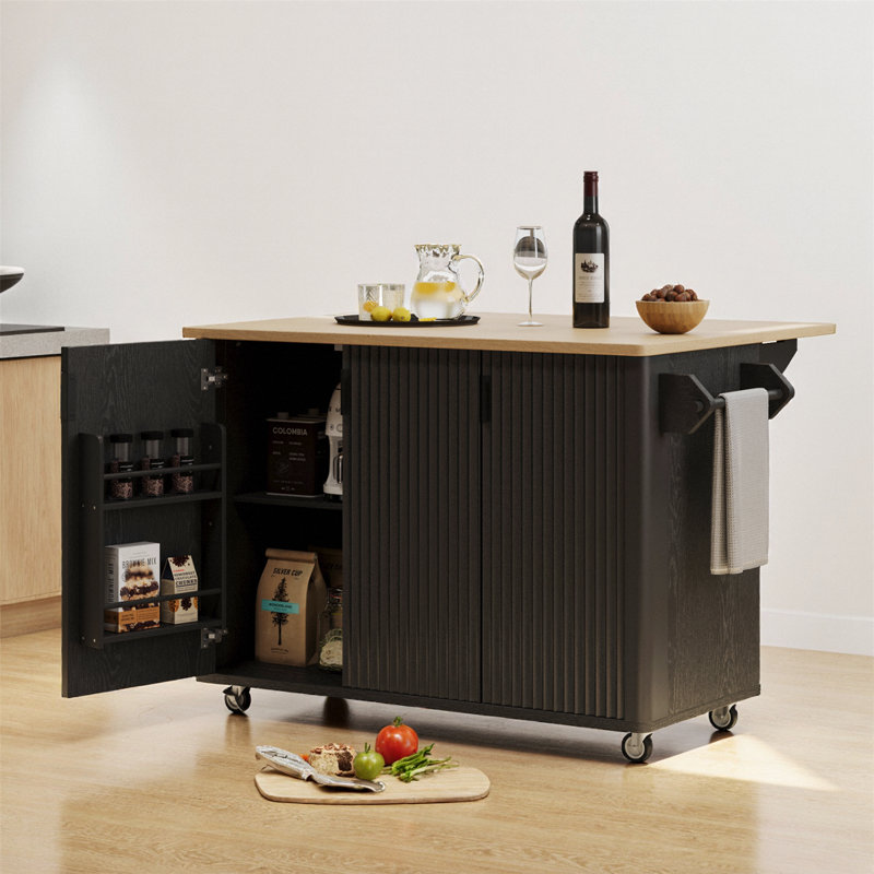 51" Fluted Farmhouse Kitchen Island with Drop Leaf, Wheels & Storage Rack in Black Ash, Black