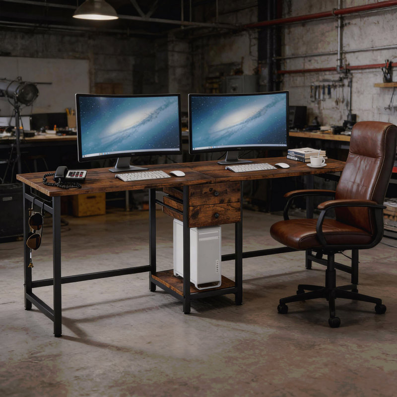 Double Office Desk,Computer Desk,Two Seat Desk,Gaming Table, Brown/Black