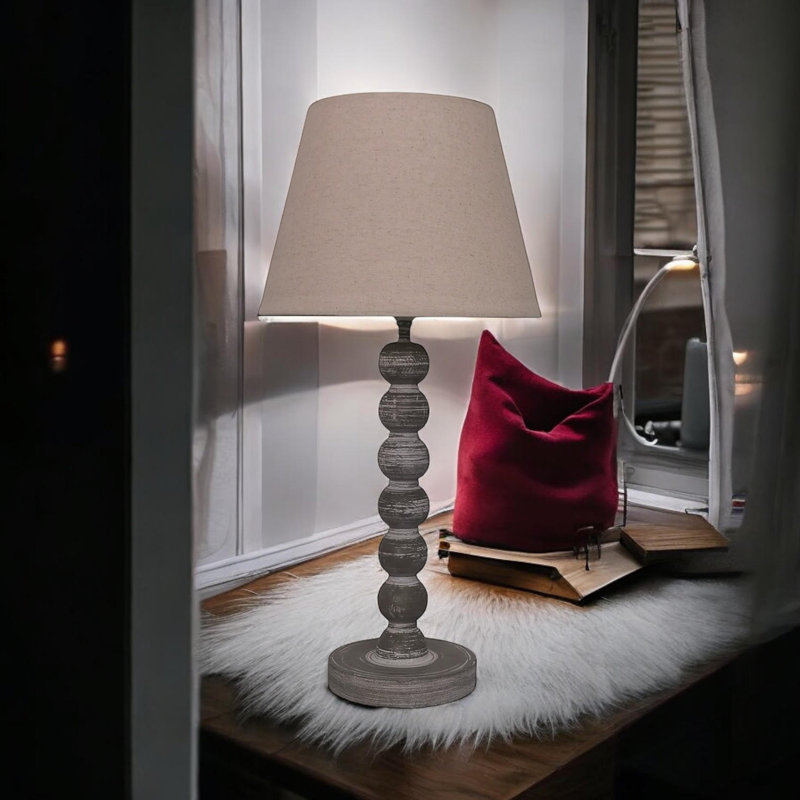 Aidric Rustic Country Table Lamp | Solid Wood Base with Fabric Shade Decorative Lighting for Bedside or Living Room
