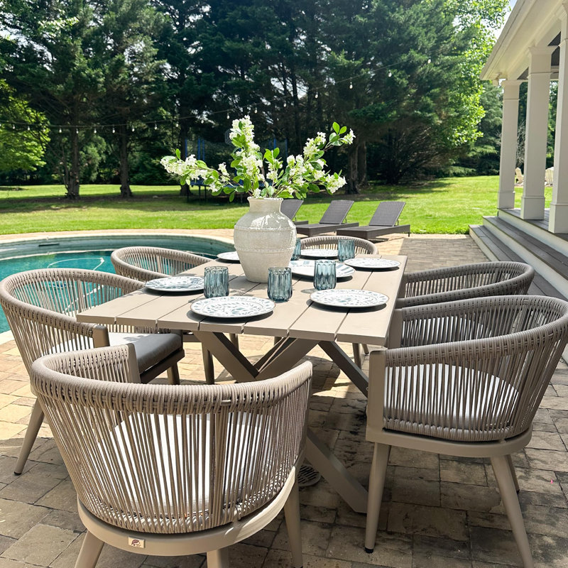 Ensemble de salle à manger de patio pour 6 pièces de table et chaises d'extérieur en osier 7 pièces en aluminium, Champagne