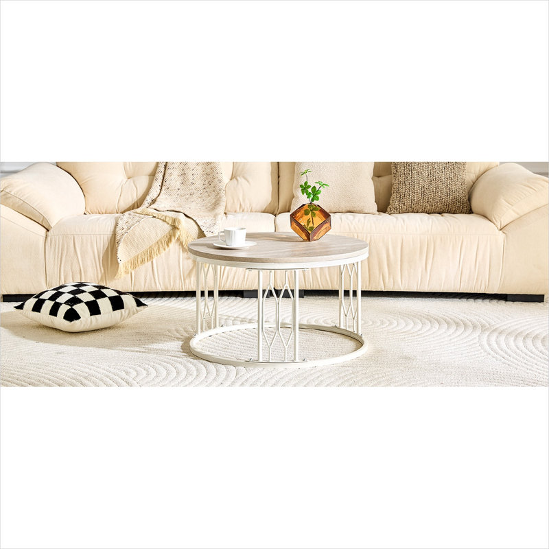 Table basse ronde, 27,5 pouces, panneau de fibres à densité moyenne en faux travertin avec finition blanche, style Wabi-Sabi
