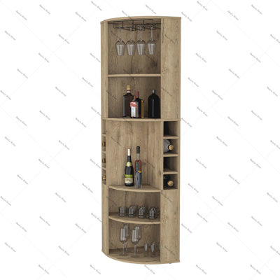 FM FURNITURE Clifton Corner Bar Cabinet, with 5 shelves,Cup Hanger and Eight Built-in Wine Rack,Macadamia by Hokku Designs