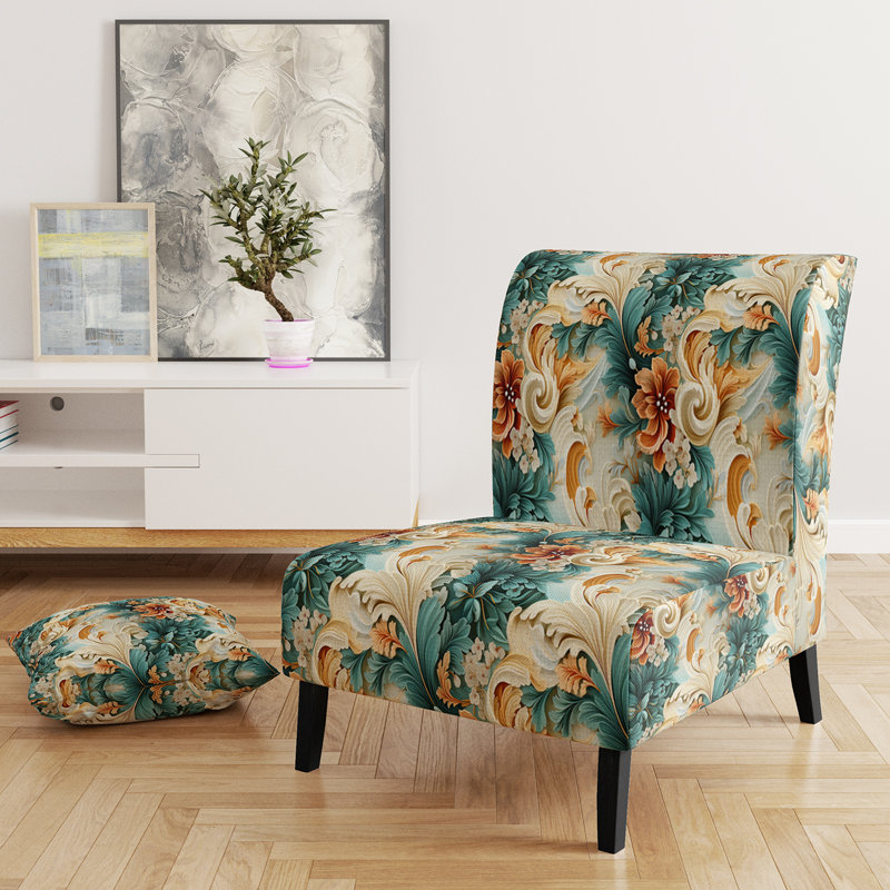Fauteuil de chambre rustique à motif cachemire doré et turquoise I