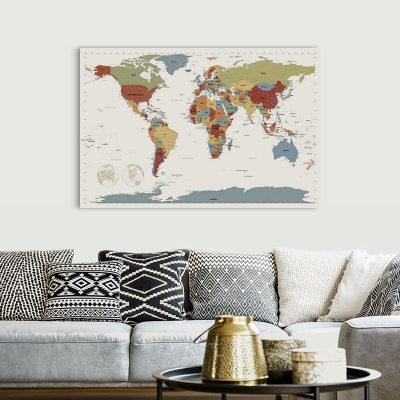 'World Map' Graphic Art Print by Michael Tompsett, 24" H x 36" W x 1.5" D, Canvas