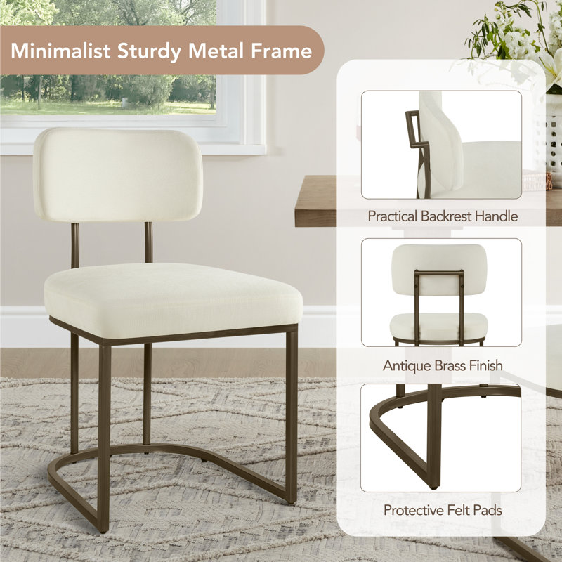  Modern Upholstered Metal Frame Dining Chair with Backrest Handle, 2, Ivory