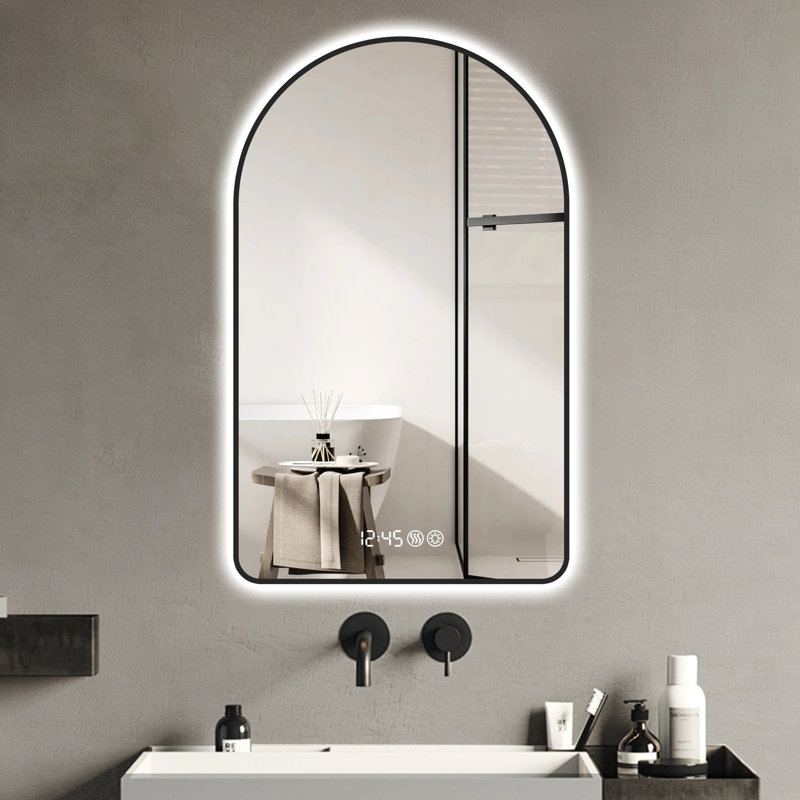 Miroir de salle de bain à DEL, arqué 28 po x 48 po, fonction de temps et de température, brouillard, intensité variable, 3 couleurs, miroir encadré noir 28 po x 48 po, réglable, températures de couleur, cadre