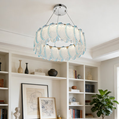 Modern Aqua Blue Striped Glass Crystal Chandelier With Built-In Led Light Source