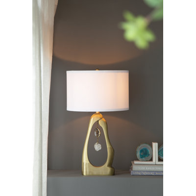 16" X 27.5" Diameter Gold Geode Table Lamp - White Drum Shade, Suitable For Bedrooms, Living Rooms, And Offices (Shade Assembly Required)
