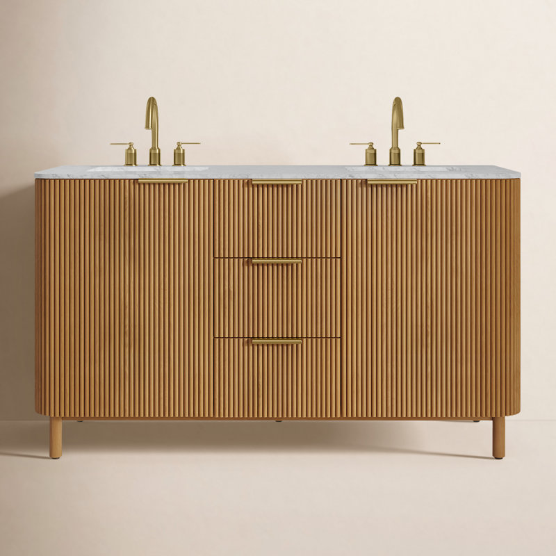 Nova 60" Marble Top Double Sink Vanity, Reeded Birch