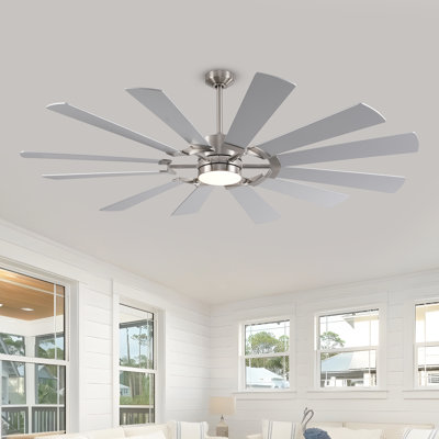 Large 12 Blades Ceiling Fan With Light, Modern Ceiling Fan For Indoor And Outdoor Use, Reversible Dc Motor, Dual Finish Blades In Silver & Walnut, Ceiling Fan With Remote