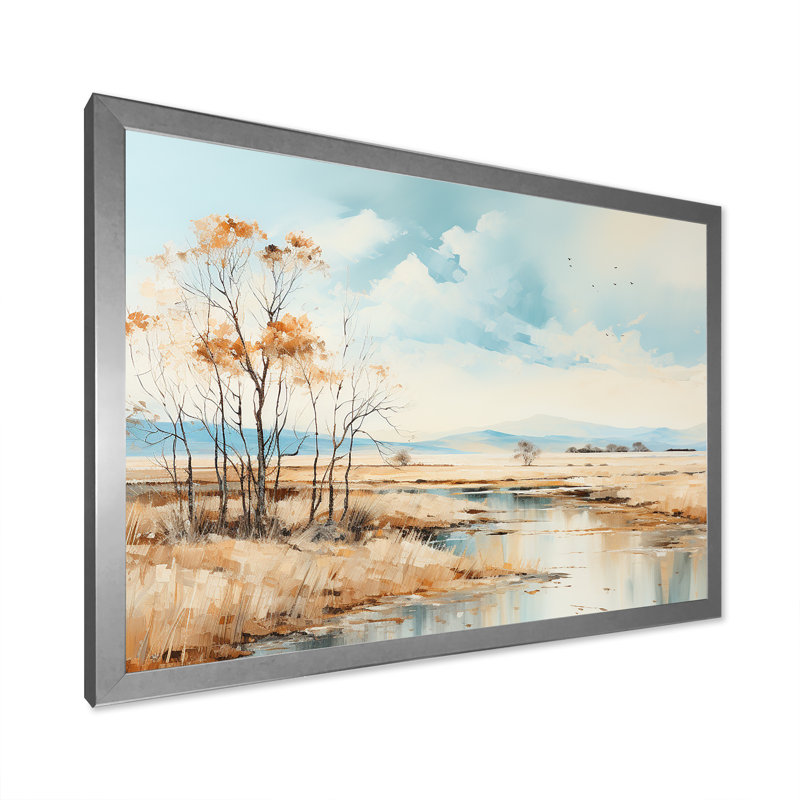 Beige Scerene Meadow Stream Harmony sur toile, Cadre simple argenté, H 24 po x l 32 po x P 1 po