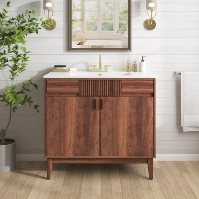 Meuble-lavabo simple 36 po Mid-Century avec lavabo en céramique, portes à fermeture douce et pieds en bois massif