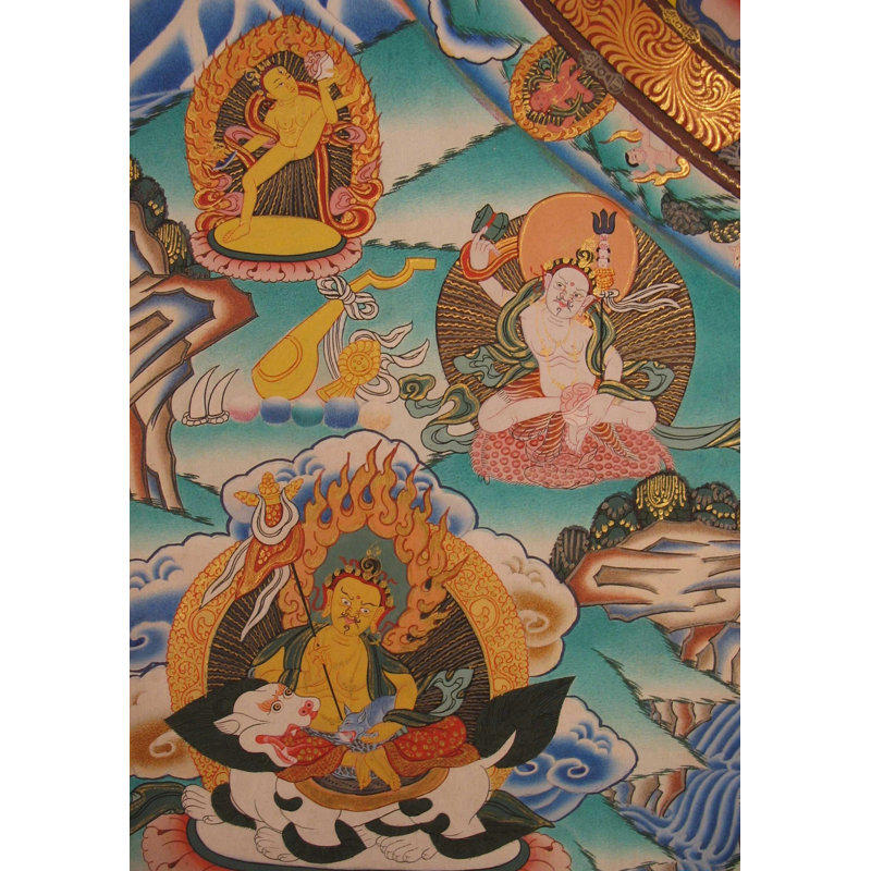 Vieux mandala Chengrezig de style tibétain de grande taille avec plusieurs divinités (Thangka Brocadeless)