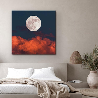 Shining Full Moon Full Moon Over Sunset Crimson Red Autumn Clouds - Wrapped Canvas Print