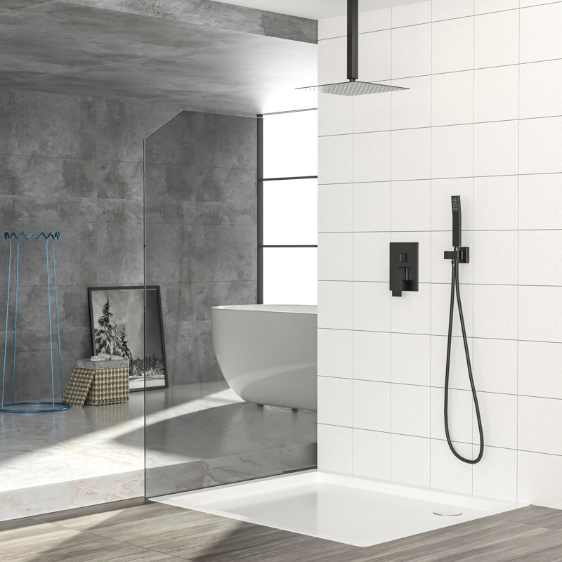 Double fonction, carré de 10 pouces, fixation au plafond, douche, noir mat, - valve d'échaudage, installation facile, fixation tous composants, douche à pluie à tête équilibrée, réglable à 360