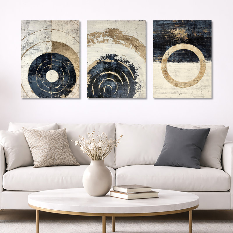 «Beige and Blue Celestial Spiral Balance - Abstract Minimalisme», reproduction sur toile encadrée 3 pièces, Toile tendue