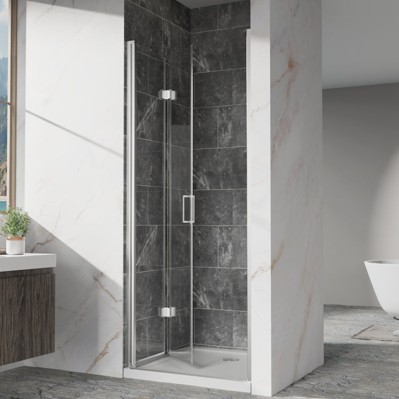 72 In. High Bi - Fold Swing Pivot Shower Door With 6Mm Tempered Glass, Heavy Duty Handle, And Noise Reducing Design 32 33 Inches Wide Glass Aluminum Frame, Reversible Installation, Water Stain