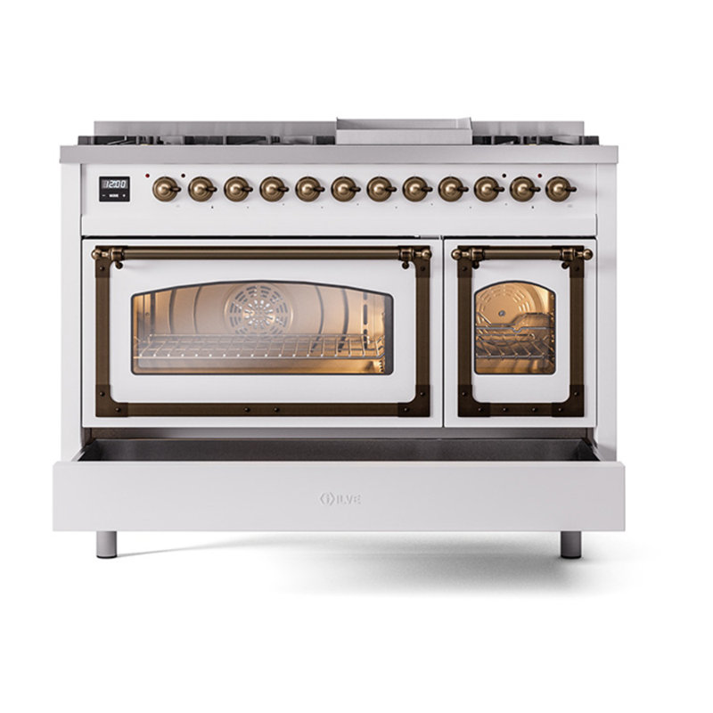 ILVE Nostalgie II Noblesse 48 inch Dual Fuel Range (8 Sealed Burners + Griddle, Triple Glass Door, RAL), Burnished