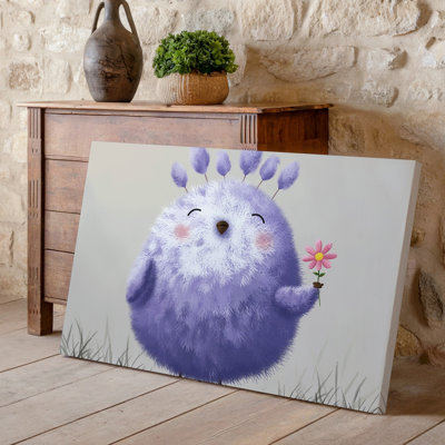 "Toile", création d'une illustration fantaisiste d'un mignon oiseau duveteux debout, avec un corps rond recouvert d'une toile pastel douce