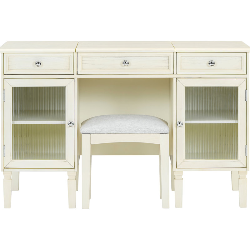 Coiffeuse 2 en 1 avec miroir pliable caché, deux tiroirs latéraux et armoires pour bureau à domicile