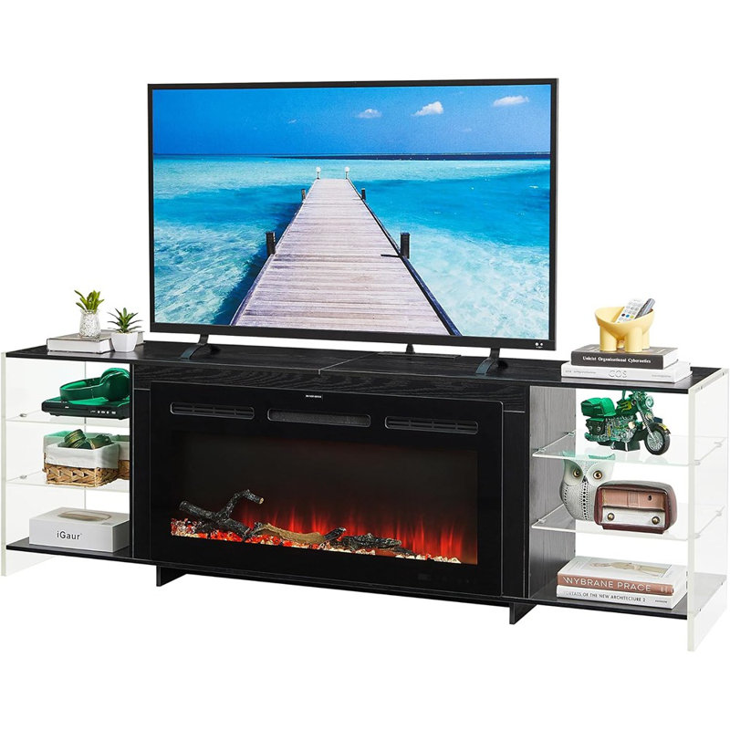 Meuble télé de cheminée avec flamme 3D, lumières DEL et tablettes de rangement à 3 niveaux, noir - Meuble télé de cheminée / moderne