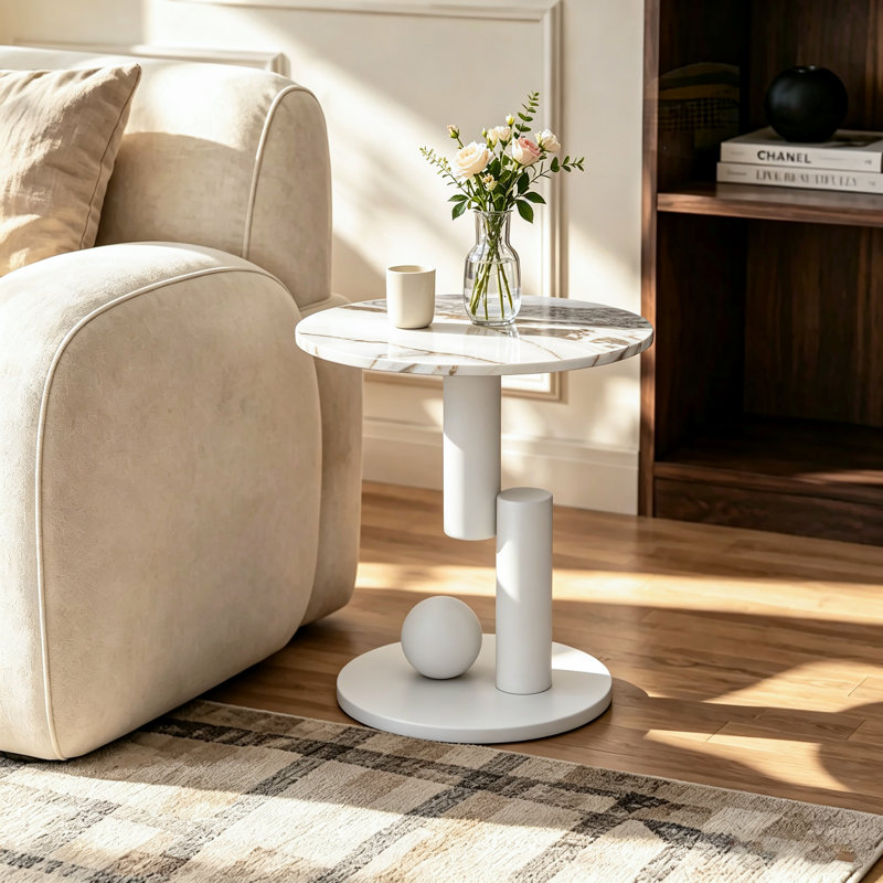 White Marble End Tables Set of 2, Nightstands for Living Room, Bedroom, Office, White