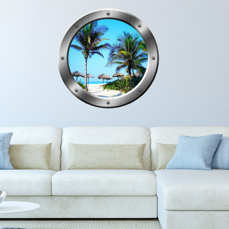Décalcomanie murale scènes de hublot palm trees, H 14 po x l 14 po x P 0,01 po, Argent