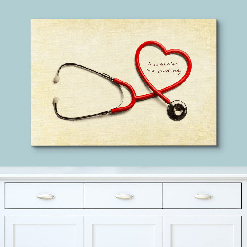 Médical, santé, corps, esprit, stéthoscope rouge, médecine, art numérique, moderne, contemporain, H 16 po x l 24 po