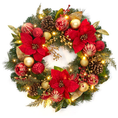Couronne de Noël artificielle pré-illuminée de 61 cm (24 po), alimentée par piles, avec 20 lumières DEL et minuterie - Boules et fleurs rouges et dorées - Décoration extérieure pour porte d'entrée, porche, fenêtre, foyer - Rouge et or