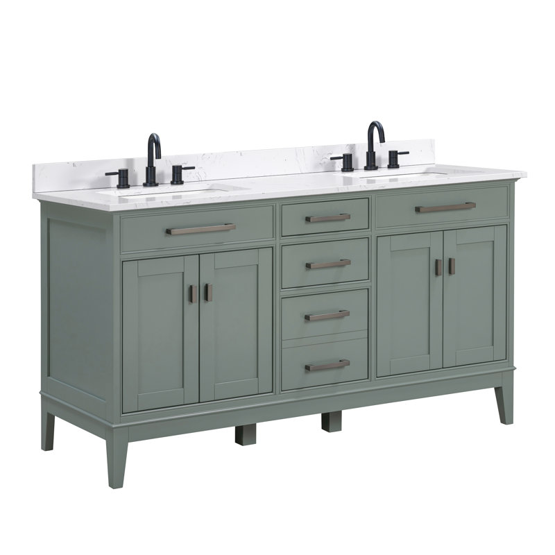 Meuble-lavabo double 60 po Anglet, Blanc cala, Vert fumée