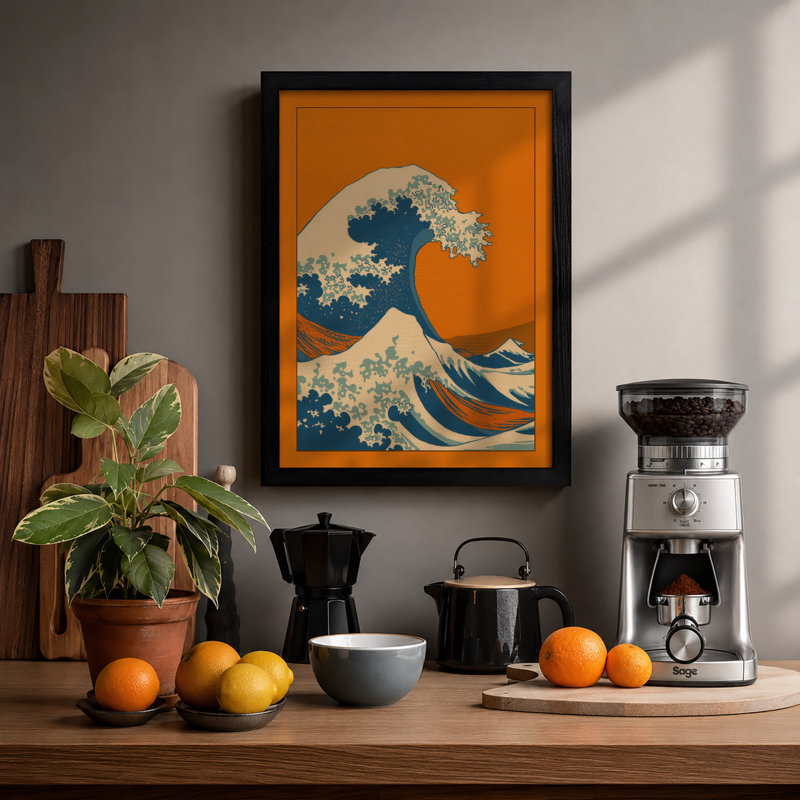 Wave in Motion Japandi - Framed Print, A2 - 59.4 x 42.0 cm, Black