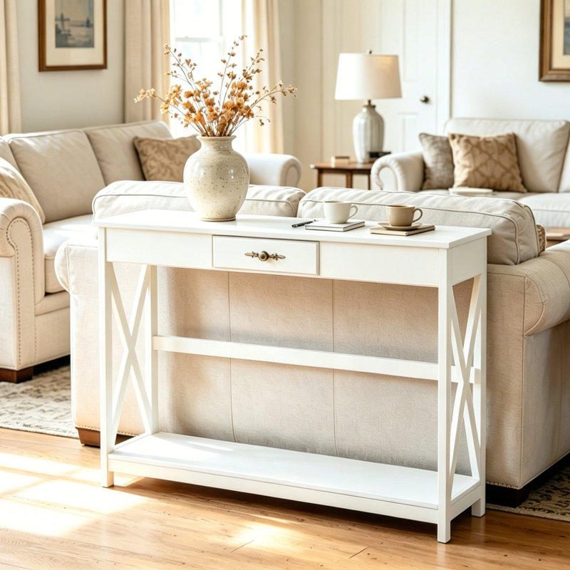 39.4'' Narrow White Console Table with Drawer & Storage Shelf  for Living Room