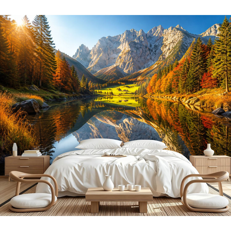 Papier peint adhésif auto-adhésif Fantastic Autumn Sunset Hintersee Lake, 100.08" L x 144" W