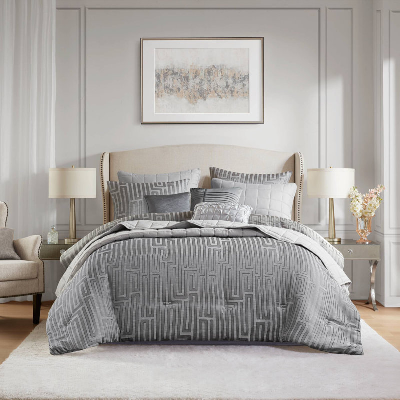 Royce Luxury Jacquard 10 Piece Comforter Set, Gray, Queen Comforter + 9 Additional Pieces