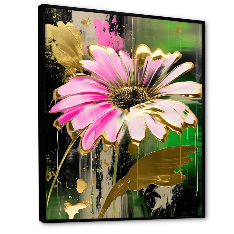 «Gold Fushia Pink Daisies Flower Fusion» sur impression sur toile, Cadre flottant noir, H 32 po x l 24 po x P 1 po