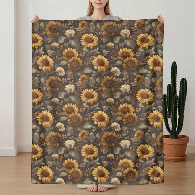 Plaid décoratif en flanelle à motif tournesol, marron, 152 x 203 cm