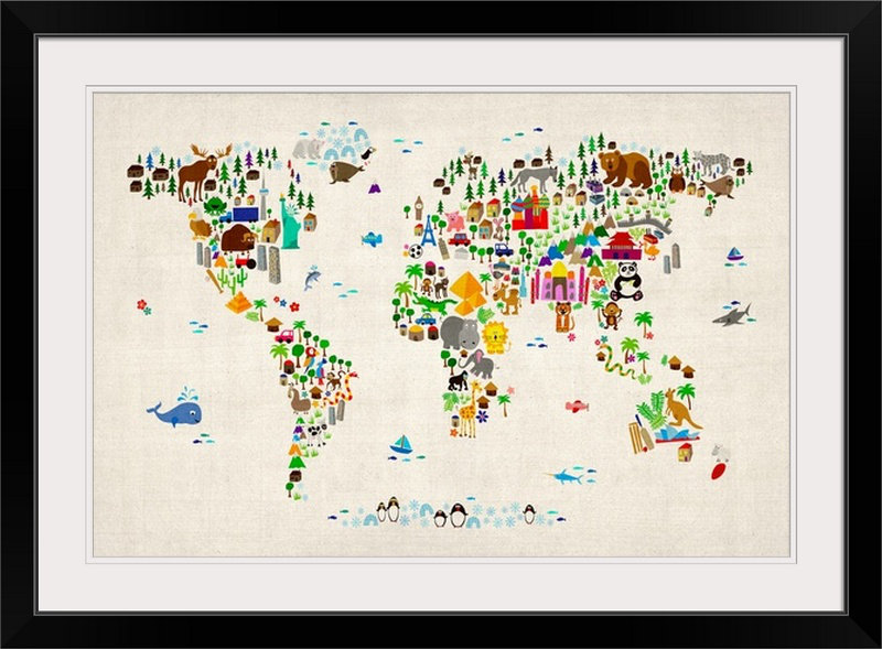 «Animal World Map» par Correen, impression, H 24 po x l 32 po x P 1 po, Cadre noir