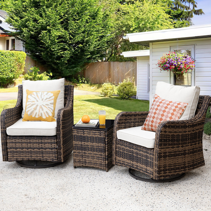 3 Piece Outdoor Rattan Patio Furniture Set, Wicker Patio Conversation Set With 1 Side Table, 2 Swivel Rocker Chair, Brown